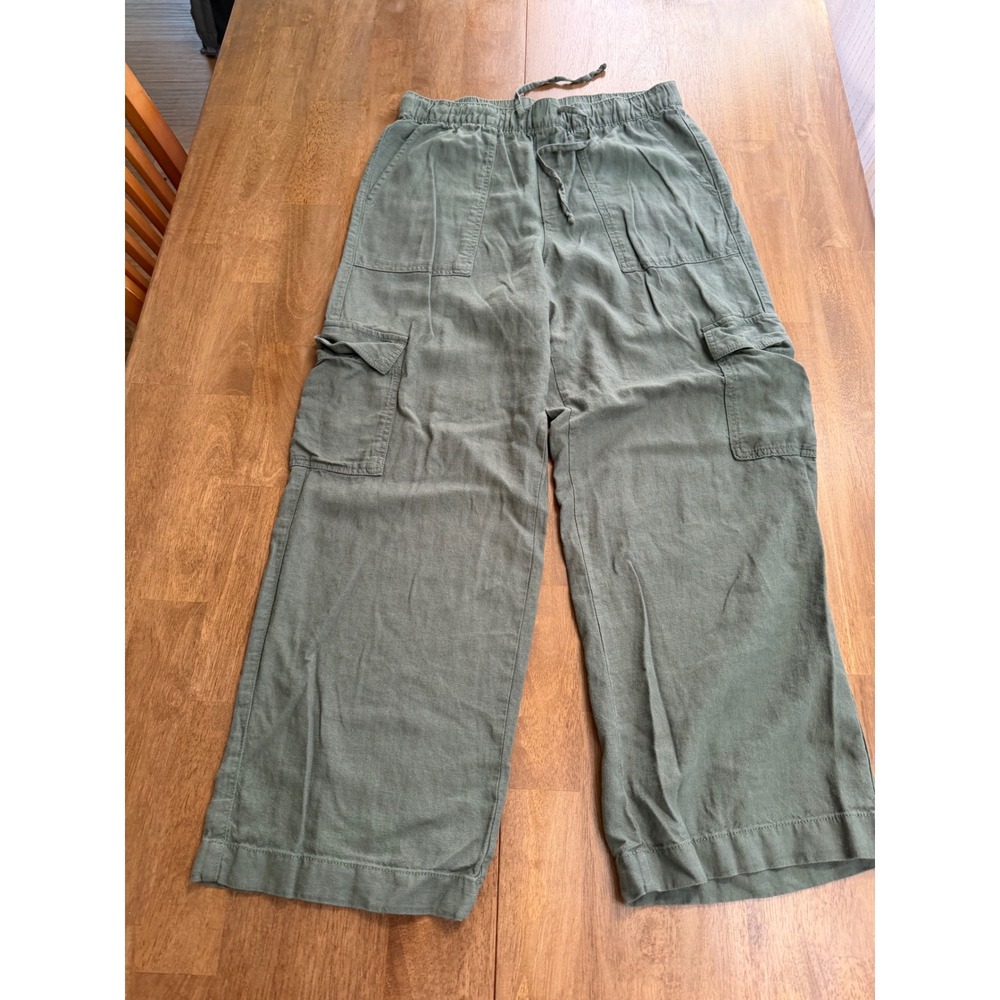 Gap Women Olive Green Linen Blend Wide Leg Cargo Pants Size M Drawstring Utility
